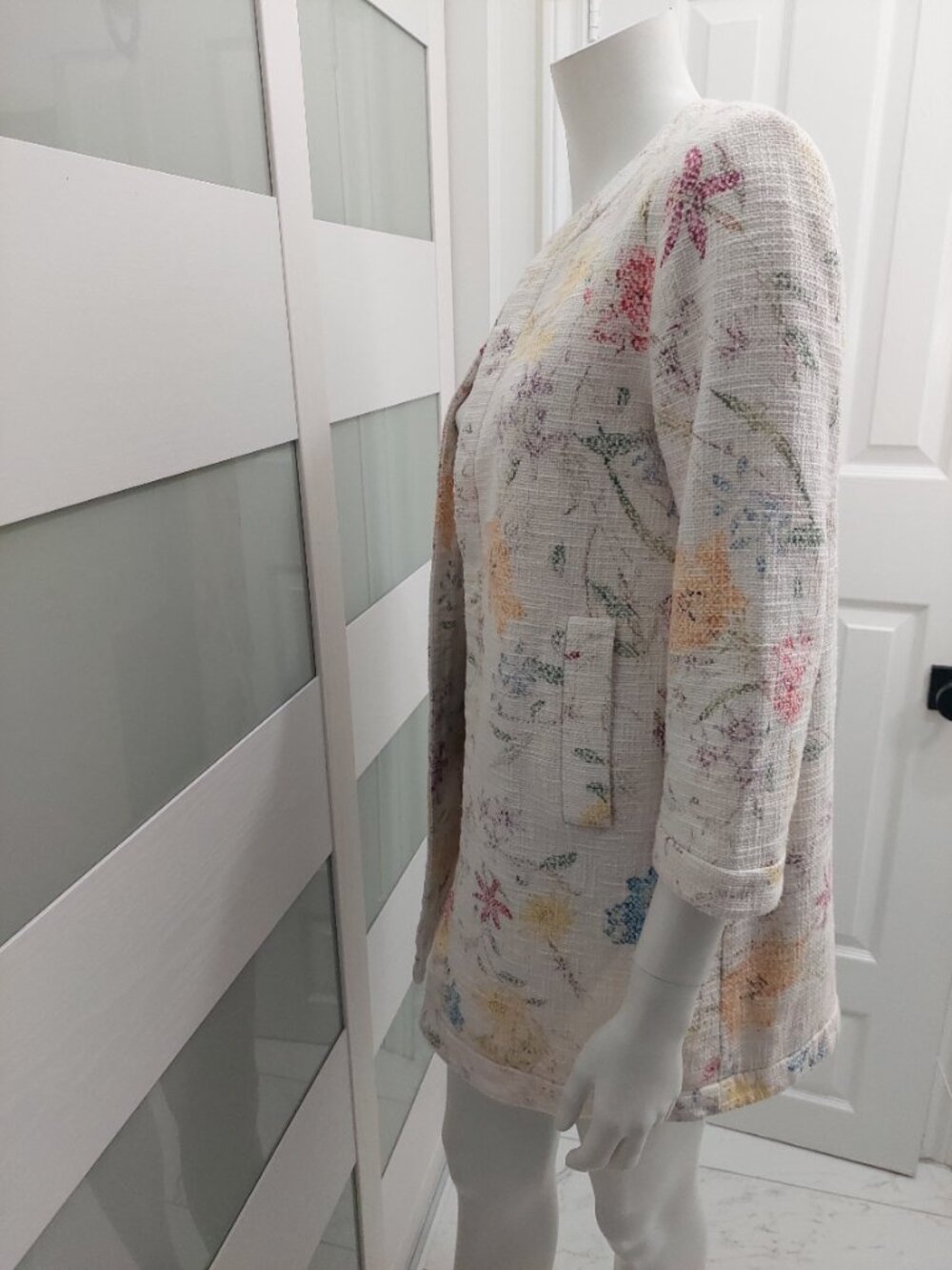 Zara Basic Multicolor Floral Textured Tweed Longline Open Coat M - Picture 7 of 8